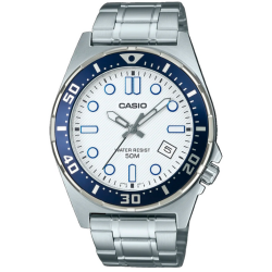 Reloj CASIO MTD-135D-7AVDF Pulsera Analógico para hombre correa de acero plateada esfera blanca con calendario bisel azul
