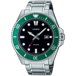Reloj CASIO MDV-107D-3AVDF Pulsera Analógico para Hombre correa acero plateada esfera negra con calendario y bisel verde