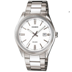 Reloj Casio hombre MTP-1302D-7A esfera blanca correa acero plateado con calendario cierre de triple pliegue