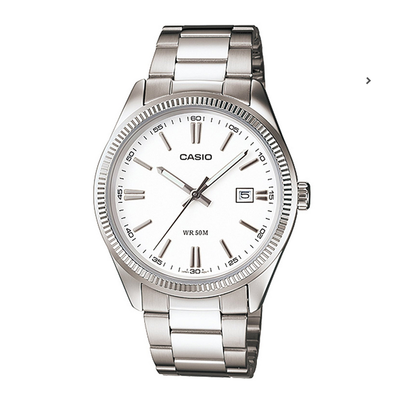 Reloj Casio hombre MTP-1302D-7A esfera blanca correa acero plateado con calendario cierre de triple pliegue Reloj Casio hombre MTP-1302D-7A esfera blanca correa acero plateado con calendario cierre de triple pliegue
