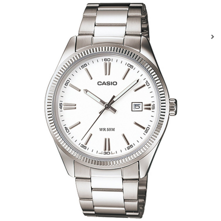 Reloj Casio hombre MTP-1302D-7A esfera blanca correa acero plateado con calendario cierre de triple pliegue