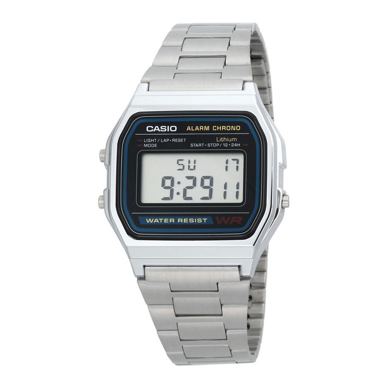Reloj Casio Caballero modelo A158WA-1DF digital esfera negra correa metálica plateada Reloj Casio Caballero modelo A158WA-1DF digital esfera negra correa metálica plateada