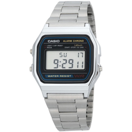 Reloj Casio Caballero modelo A158WA-1DF digital esfera negra correa metálica plateada