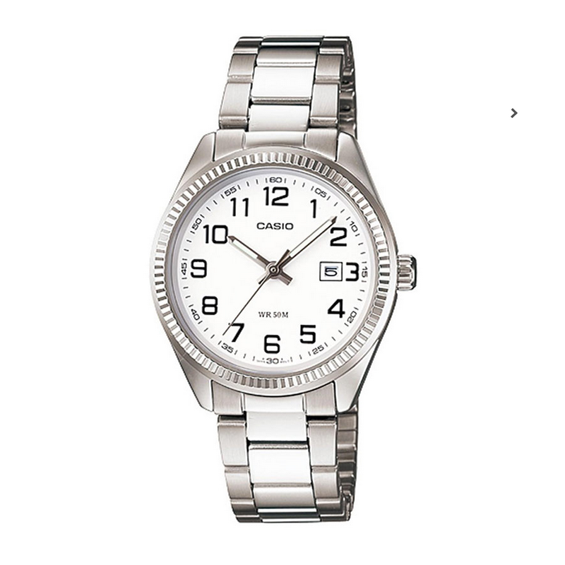 Reloj Casio Señora LTP-1302PD-7B correa acero plateada, esfera blanca con calendario cierre de triple pliegue Reloj Casio Señora LTP-1302PD-7B correa acero plateada, esfera blanca con calendario cierre de triple pliegue