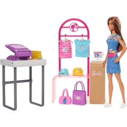Barbie Boutique Diseña y Vende Muñeca Morena con Tienda de Ropa Personalizable y Accesorios, edad +3 años Mattel HKT78