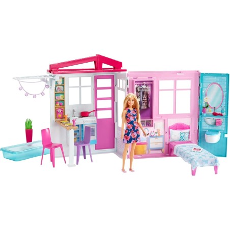 Barbie, Casa amueblada pleglable con cocina, piscina, dormitorio y lavabo con muñeca rubia, edad +3 añosMattel GWY84