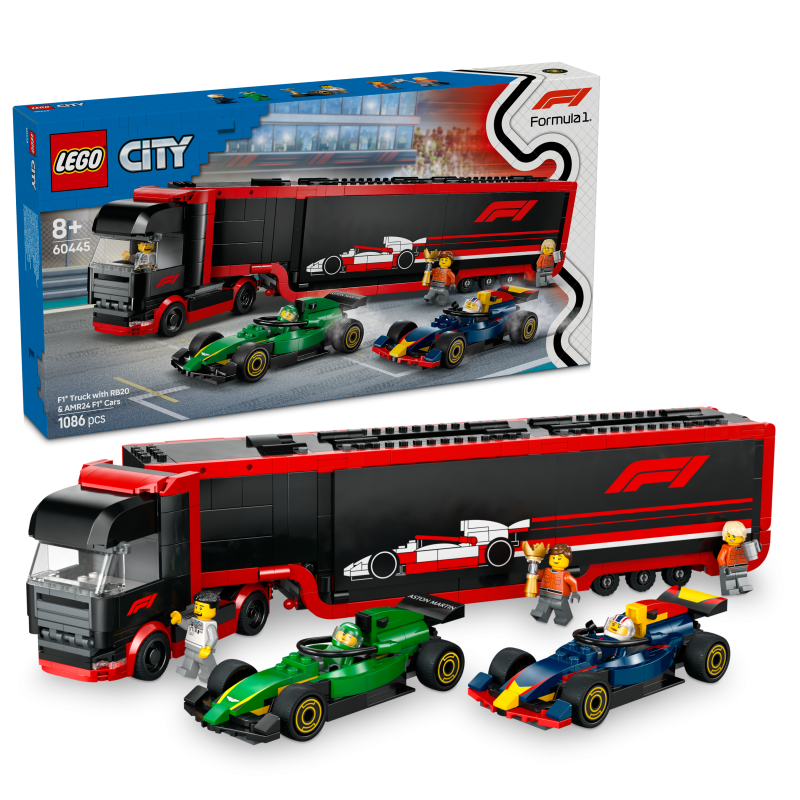 LEGO City 60445 Camión de F1 con Coches de F1 RB20 y AMR24 Contiene 1086 piezas - Edad recomendada a partir de 8+ años LEGO City 60445 Camión de F1 con Coches de F1 RB20 y AMR24 Contiene 1086 piezas - Edad recomendada a partir de 8+ años
