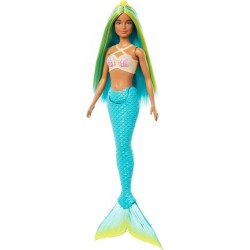 Barbie Muñeca Sirena con Cabello de fantasía Azul y Amarillo y Diadema amarilla Cola de Color Turquesa - edad + 3 años, HRR03