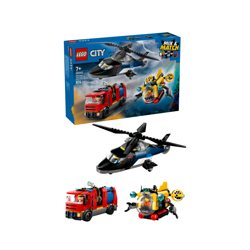 LEGO City 60462 Remix: Helicóptero, Camión de Bomberos y Submarino contiene 874 piezas - edad 7+ años