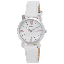 Reloj Casio analógico LTP-1386L-7E correa piel blanca esfera blanca caja plateada para mujer y cadete