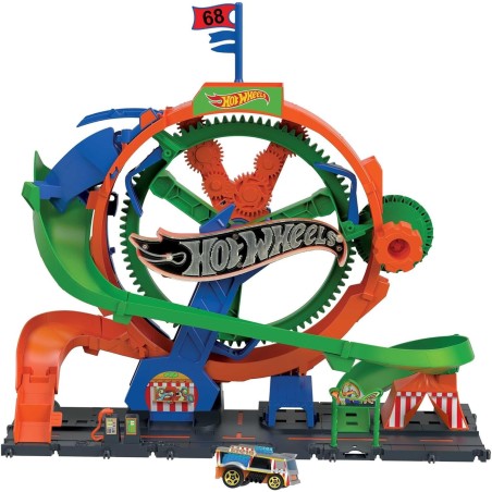 Hot Wheels City Rueda de la fortuna Whirl, Pista para coches de juguete con noria con luces y sonidos, incluye 1 vehículo edad +