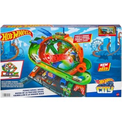 Hot Wheels City Rueda de la fortuna Whirl, Pista para coches de juguete con noria con luces y sonidos, incluye 1 vehículo edad +
