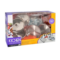 Menaje de cocina juguete incluy cacerolas sartén y diferentes paletas para cocinar material metal tamaño caja 30x10x20cm edad +3