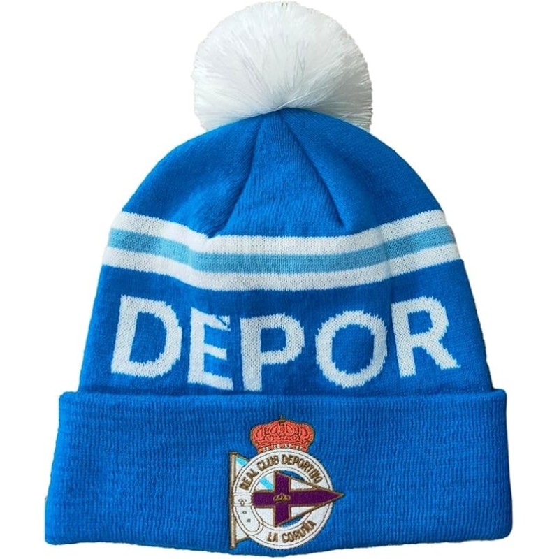 Gorro invierno Real Club Deportivo de La Coruña con borla talla adulto escudo bordado producto oficial