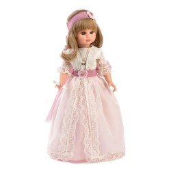 Muñeca recuerdo Primera Comunión rubia, con vestido beig, lazada tul, habladora, se ilumina la vela Altura: 40 cm Berbesa