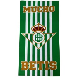 Toalla playa Real Betis Balompié tamaño grande 180x90cm diseño fondo rayas leyenda MUCHO BETIS producto oficial