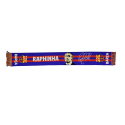 Bufanda Fútbol Club Barcelona con foto y firma de Raphinha tamaño 150x20cm aprox producto oficial