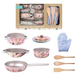 Set de cocicna de juguete con sartene, ollas, escurridor metálicos guante de cocina y paletas edad +18 meses