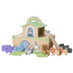 Arca de Noe juguete de madera con 18 figuras de animales que puedes guardar dentro edad +24meses  21x23x16cm