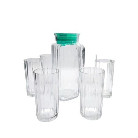 Juego Jarra de vidrio con 6 vasos tallados para bebidas Borgonovo italia  capacidad Jarra 1,2 litros basos capacidad 34cl