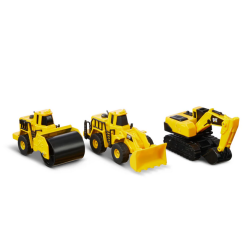 Conjunto maquinas Caterpillar juguete, apisonadora, pala y excavadora metal y piezas de plástico longitud de cada máquina 10cm e