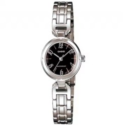 Casio Ltp-1373d-1adf Reloj De Pulsera Analógico Para Mujer Color Plateado Esfera Negra Cristal Biselado