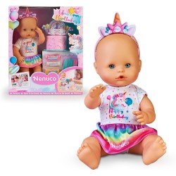 Nenuco - Muñeco bebé Cumple de Unicornio con Accesorios para Fiestas de cumpleaños, con Tarta Personalizable edad +3 años 35cm