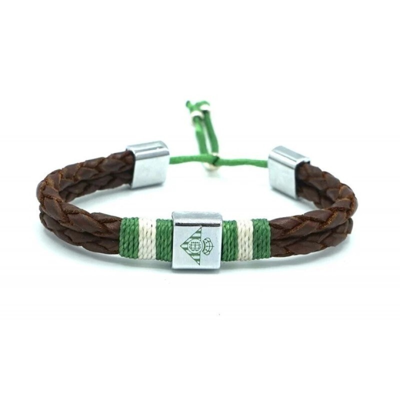 Pulsera Trenza Marrón Escudo Real Betis producto oficial presentado en caja con escudo en relieve plateado