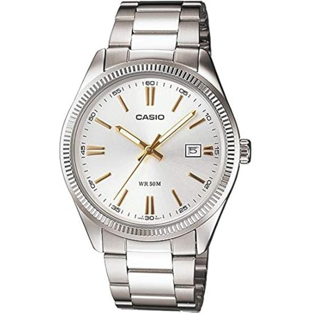 Reloj Casio hombre MTP-1302D-7A2 esfera blanca correa acero plateado con calendario cierre de triple pliegue saetas doradas