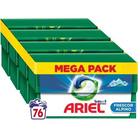 ARIEL PODS Todo en 1 Detergente Lavadora Liquido en Capsulas, 76 Lavados (4x19), 5 Acciones para una Limpieza Brillante en Frio