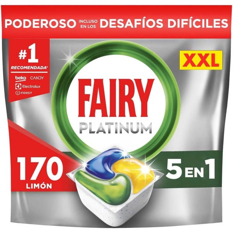 Fairy Platinum Limón, Cápsulas De Lavavajillas Todo En Uno, 170 Cápsulas, Limpia Incluso La Grasa De Los Filtros
