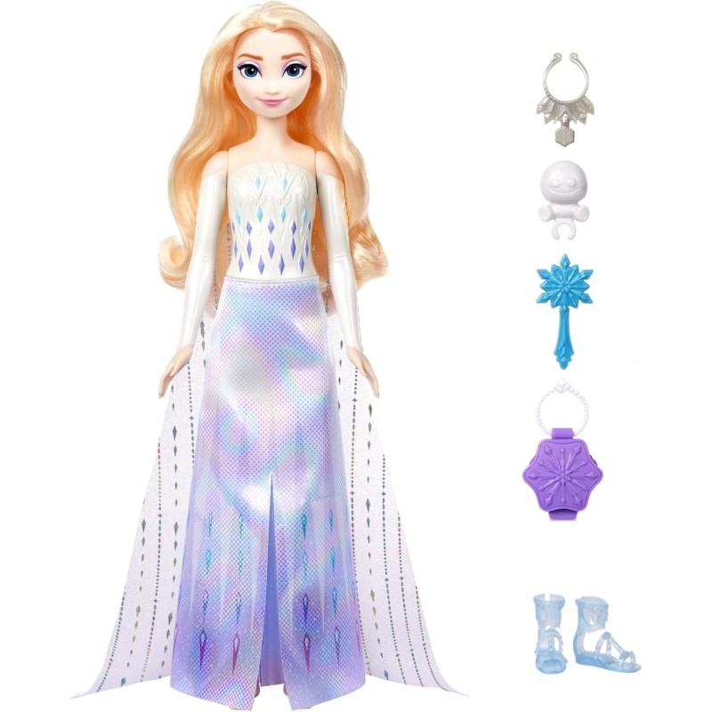 Mattel Disney Frozen Elsa Spin And Reveal Muñeca princesa que revela sorpresas y accesorios, juguete +3 años HTG25