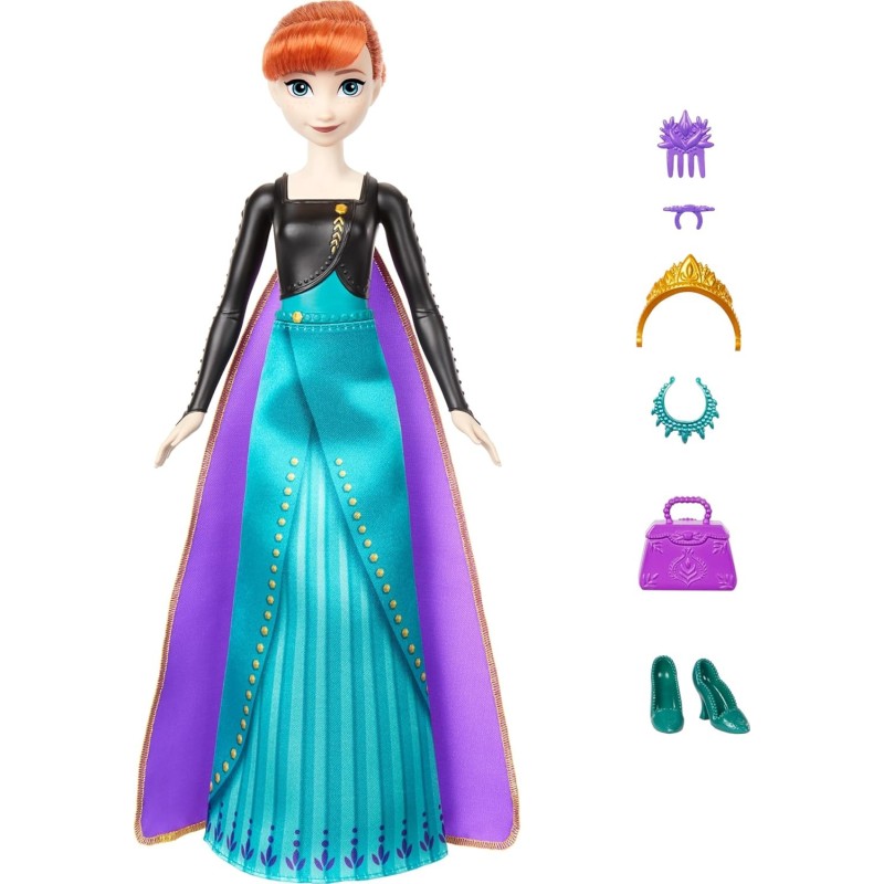Mattel Disney Frozen Spin & Reveal Anna, Muñeca Pelirroja con Falda y Capa Intercambiables edad +3 años, HXD27