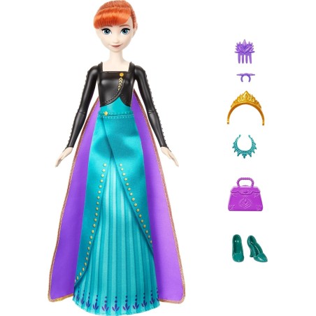 Mattel Disney Frozen Spin & Reveal Anna, Muñeca Pelirroja con Falda y Capa Intercambiables edad +3 años, HXD27