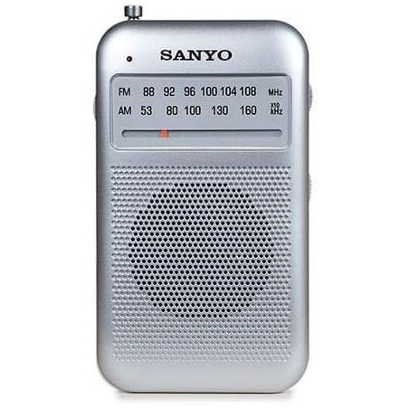 SANYO KS113P Radio Analógica de Bolsillo color plateado AM/FM antena telescópica altavoz y entrada auriculares 11x7x3cm