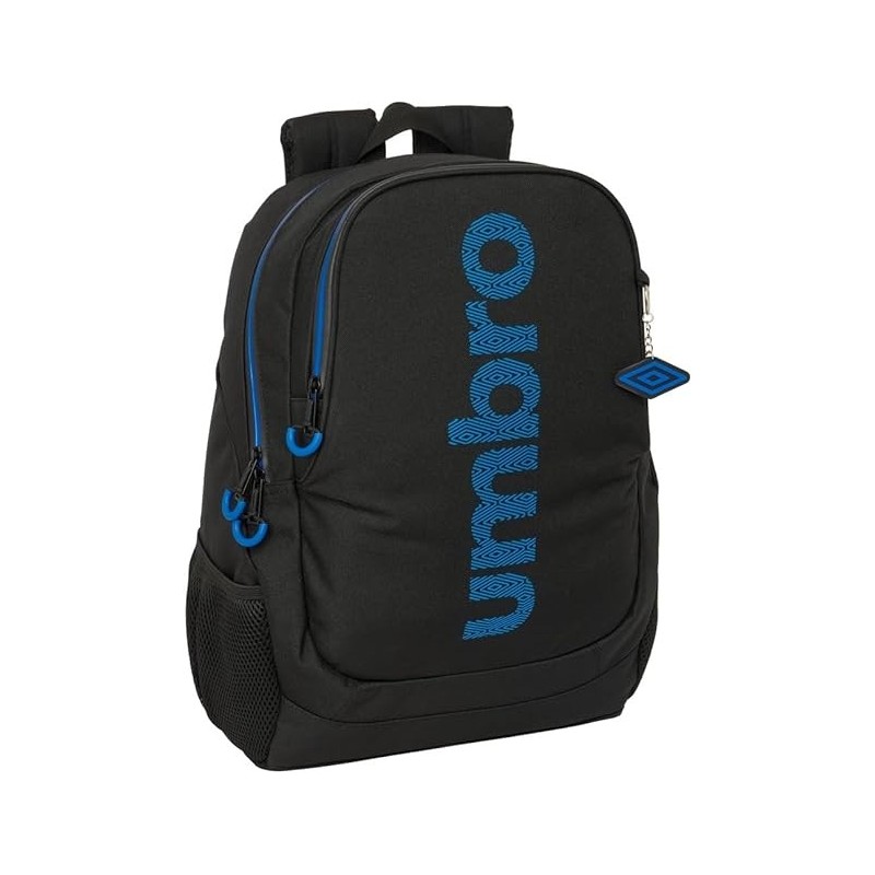 UMBRO JET BLACK - Mochila Escolar grande tamaño 32x16x44cm adaptable a carro, espaldar acolchado