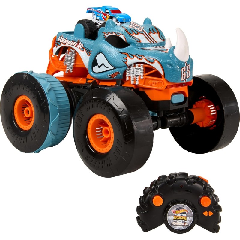 Hot Wheels Monster Trucks, Coche Teledirigido, Rhinomite se transforma en pista, giros de 360 grados edad +5 años Mattel HPK27