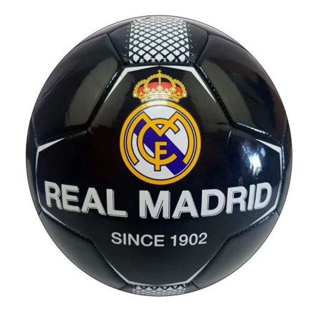 Balón Real Madrid negro franja blanca grande producto oficial talla 5 tamaño similar al reglamentario de fútbol 11