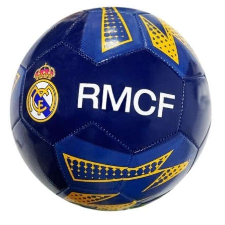 Balón Real Madrid azul y amarillo grande producto oficial talla 5 tamaño similar al reglamentario de fútbol 11