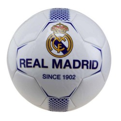 Balón Real Madrid blanco franja azul producto oficial talla 5 tamaño similar al reglamentario de fútbol 11