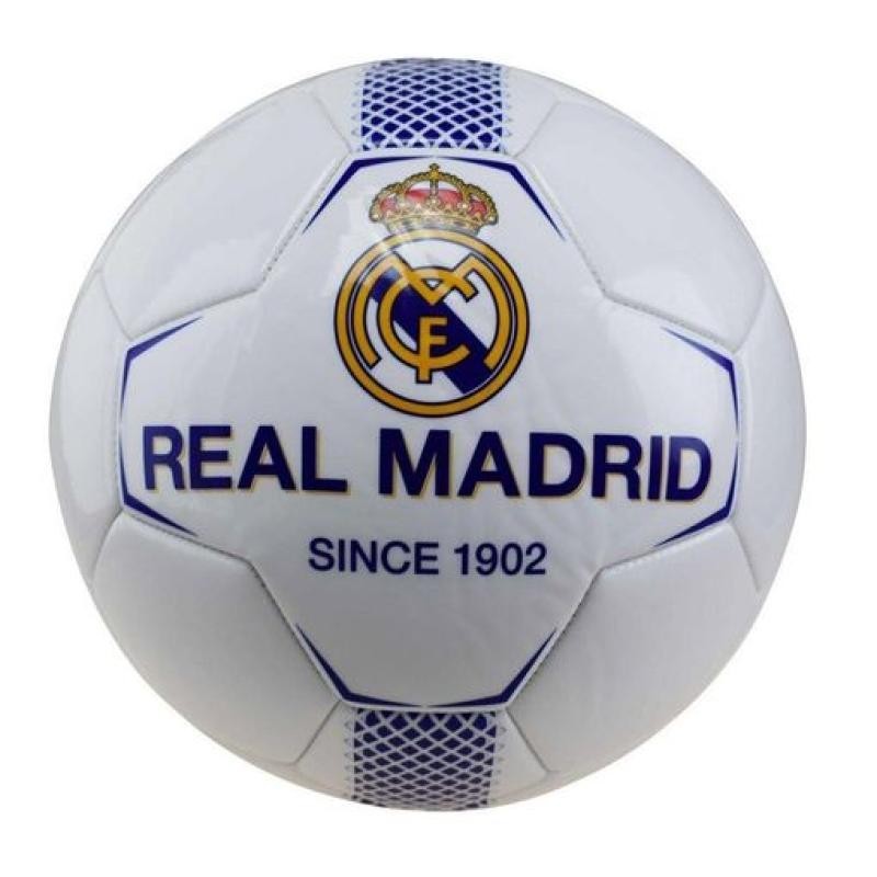 Balón Real Madrid blanco franja azul producto oficial talla 5 tamaño similar al reglamentario de fútbol 11