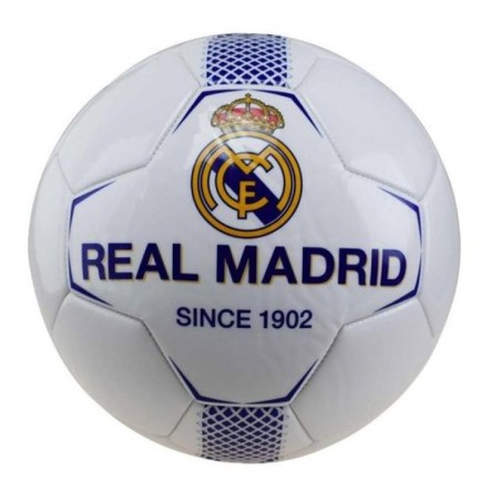 Balón Real Madrid blanco franja azul producto oficial talla 5 tamaño similar al reglamentario de fútbol 11