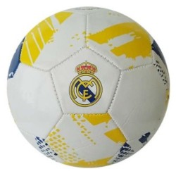 Balón Real Madrid blanco tramas azul y amarllo producto oficial talla 5 tamaño similar al reglamentario de fútbol 11
