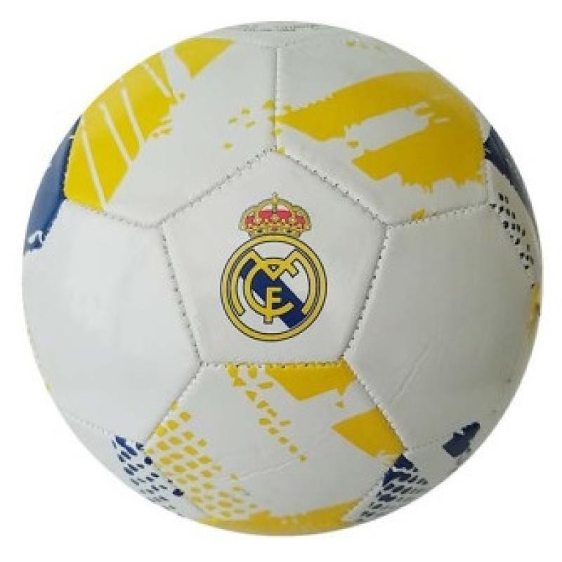 Balón Real Madrid blanco tramas azul y amarllo producto oficial talla 5 tamaño similar al reglamentario de fútbol 11