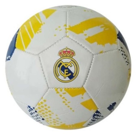 Balón Real Madrid blanco tramas azul y amarllo producto oficial talla 5 tamaño similar al reglamentario de fútbol 11