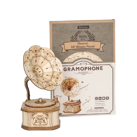 Gramóphone Rolife - Puzzle 3D mecánico de Madera 112 piezas edad +14 años tamaño formado 112x102x185mm