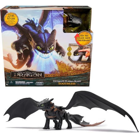 Dreamworks Dragons - Figura Dragón Desdentao Electrónico con Ataque de Plasma de Cómo Entrenar a tu Dragón, Alas de 63 cm, Luces