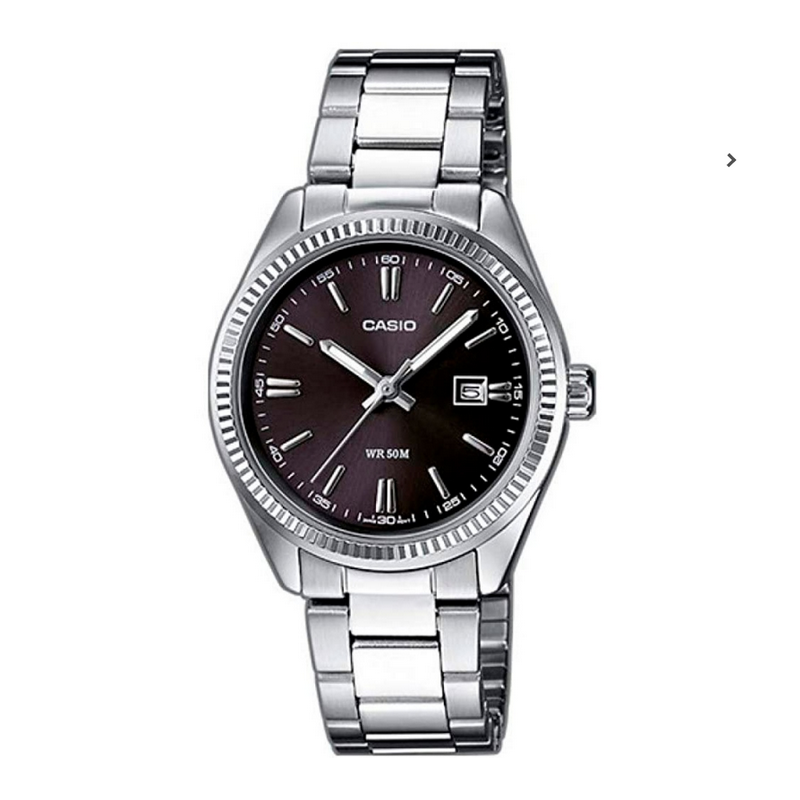 CASIO Reloj analógico para mujer LTP-1302PD-1A correa de acero plateada, esfera negra con calendario