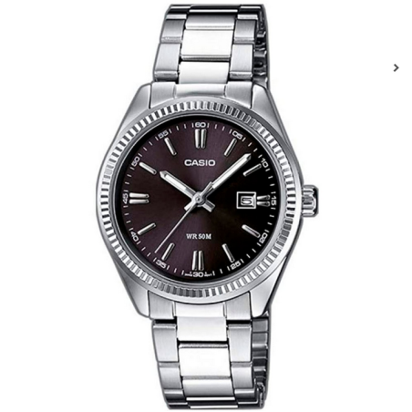 CASIO Reloj analógico para mujer LTP-1302PD-1A correa de acero plateada, esfera negra con calendario