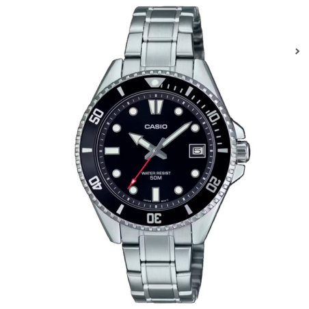 Reloj CASIO mujer o cadete analógico MDV-10D-1A correa de acero plateada, esfera negra con calendario